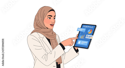 Middle Eastern Female Candidate Explaining Portfolio on Tablet