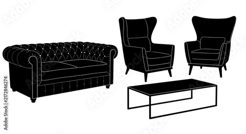 Modern living room furniture set with sofa with line drawing living black white line wingback chair coffee table tufted sofa home decor with illustration