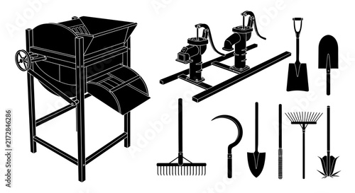 Gardening and farm tools on white background with including large machine collection gardening water pump equipment machinery pitchfork with shovel