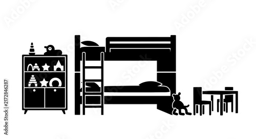 Minimalist vector illustration of a child bedroom with bunk bed furniture with bedroom setup with displays black white, silhouette, decoration