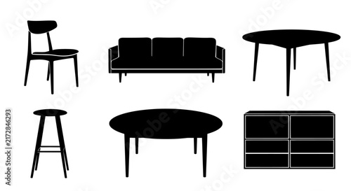 Modern furniture silhouettes for interior design with furniture white background black silhouettes minimalist cabinet chair table stool with style