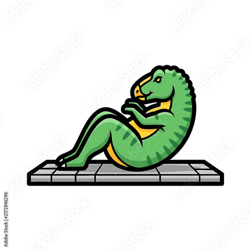 Green T-rex doing sit-ups on an exercise mat.