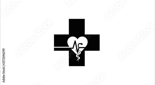 Medical cross with heart and snake symbol on white background with black medical emergency medicine hospital response graphic health doctor with design