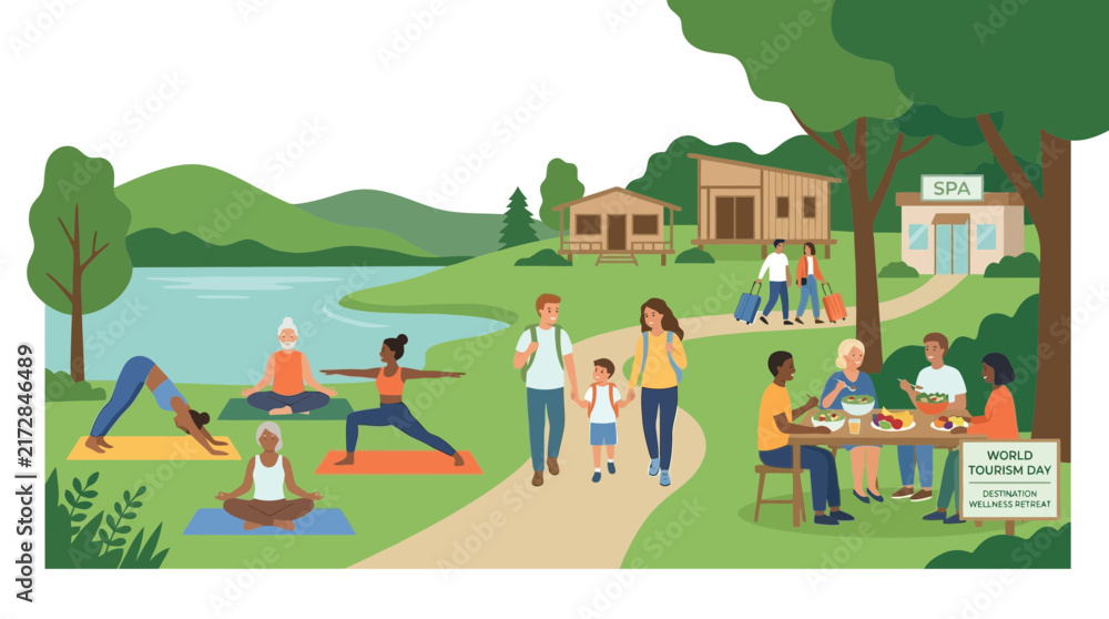 Naklejka premium Diverse people enjoying outdoor activities and relaxation at a scenic resort