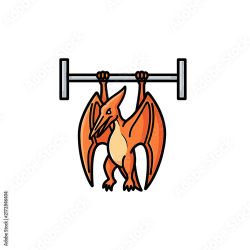 Pterodactyl doing pull-ups on a bar.
