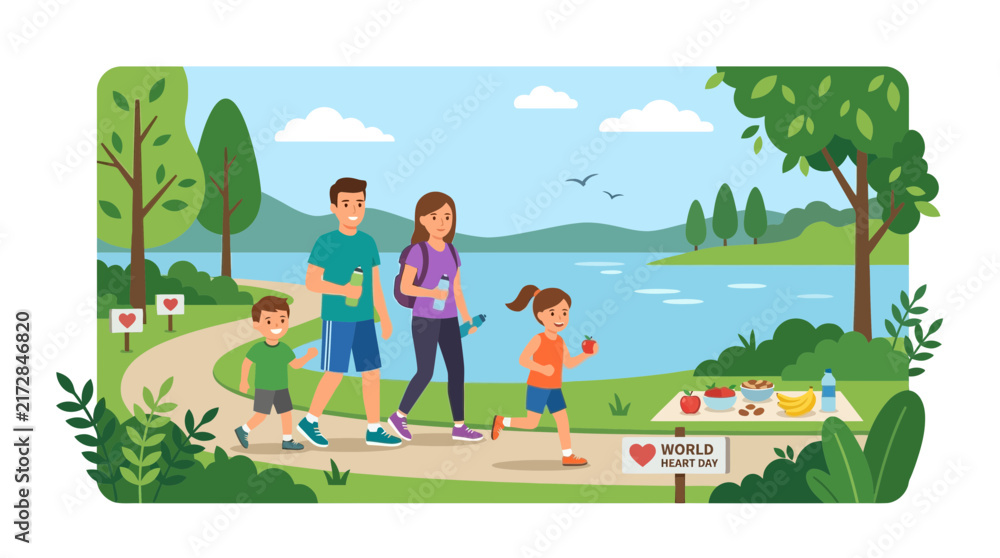 Naklejka premium Family Health Walk in Nature Park, World Heart Day Celebration
