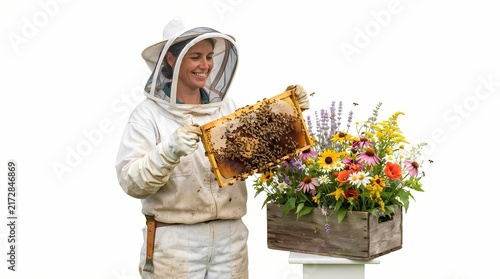 Professional female beekeeper in protective suit inspecting honeycomb frame with honeybees near colorful spring flowers