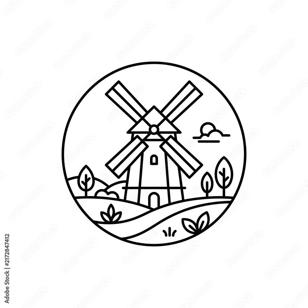 Obraz premium Minimalist line art illustration of a traditional windmill in a rural landscape with hills and trees under a sunny sky.