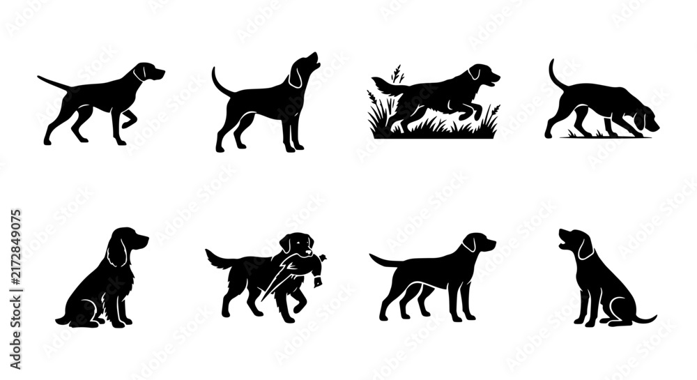 Fototapeta premium Dog Silhouettes Collection: Labrador Poses, Hunting Dog Actions, Pet Icons