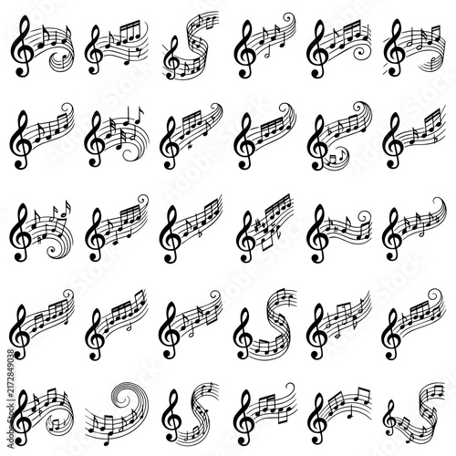 Bild auf Leinwand Grid of music notes and treble clefs on staves for creative musical design
