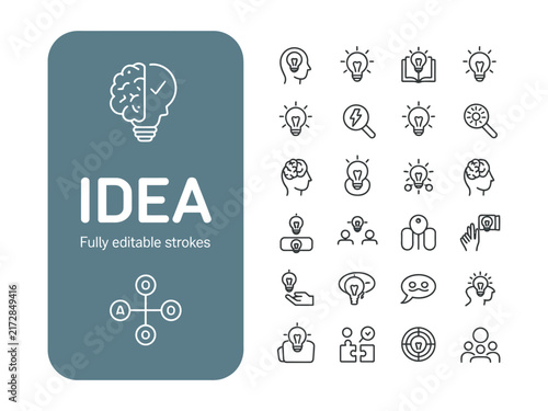 Idea and innovation web line icon set with creativity, brainstorming, strategy, leadership and business development concepts. Editable stroke
