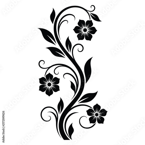 A beautiful black and white floral vine design with elegant swirls and blooming flowers.