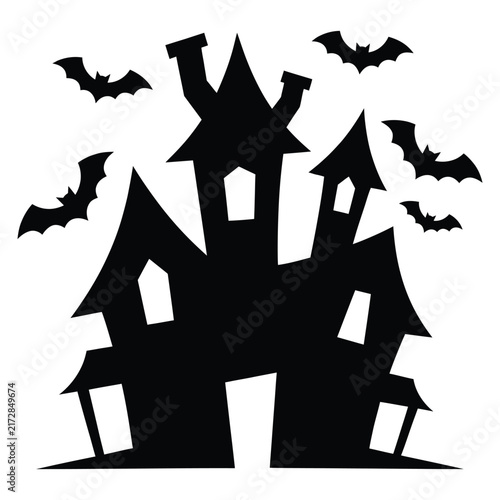 A black silhouette illustration of a spooky haunted house surrounded by flying bats for Halloween.