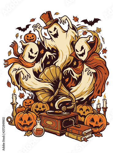 Vintage Ghosts Dancing around Gramophone with Pumpkins