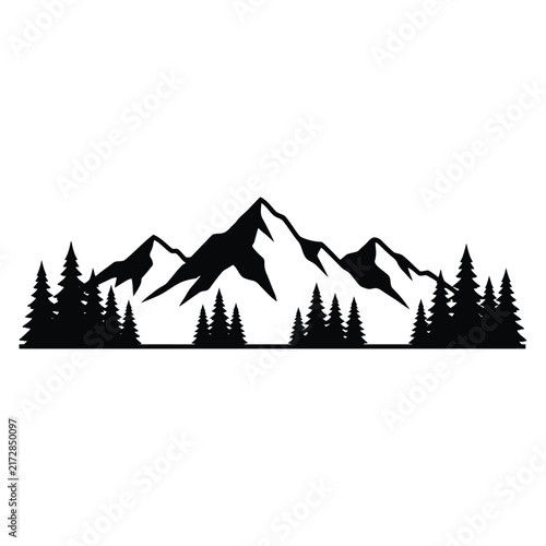 A minimalist black and white vector silhouette of a majestic mountain range surrounded by a dense pine forest.