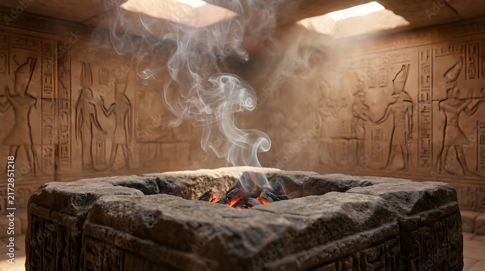 Fototapeta premium Smoke Rising from Sacred Fire Pit Inside Temple