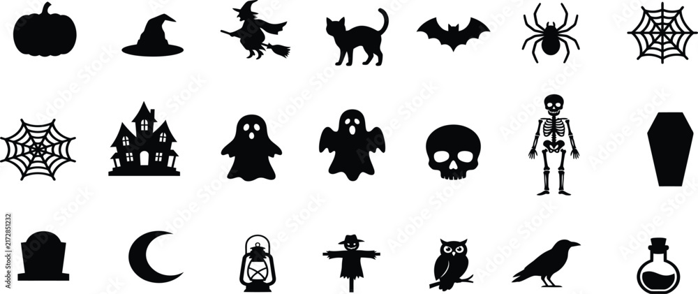 Fototapeta premium Set of black halloween silhouettes with spooky icons like pumpkins ghosts bats and skulls isolated on transparent background, Vector