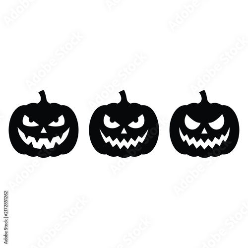 A set of three black Halloween jack-o'-lantern pumpkin silhouettes isolated on a white background.