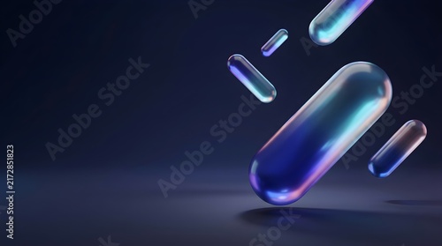 Floating futuristic capsule pills in dark space with glowing light effects