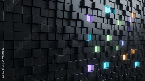 Colorful glowing pixel art icons on dark grid background