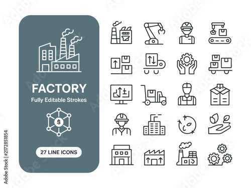 Factory and industrial manufacturing web line icon set featuring production plants, automation, engineering, workers, and sustainable manufacturing concept. Editable stroke
