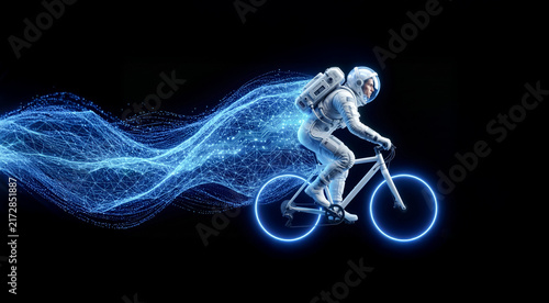 Astronaut Riding Futuristic Bicycle with Glowing Neon Wheels Through Digital Cyber Space