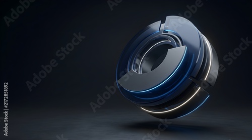 Modern metallic ring with abstract geometric design on dark background