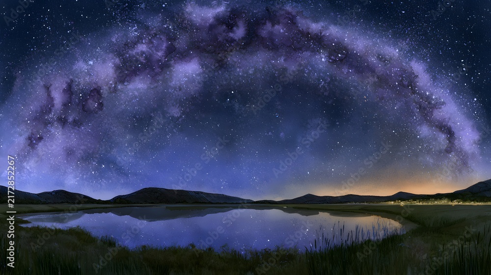 Fototapeta premium Watercolor Illustration of a Serene Night Landscape with Milky Way Galaxy and Reflective Lake_