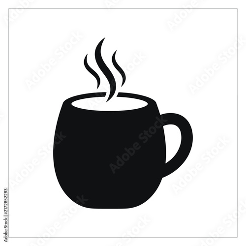 A minimalist black icon of a steaming coffee mug on a white background.