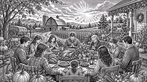 Family Gathered Together for a Thanksgiving Feast in a Rustic Farm Setting Surrounded by Nature and Abundant Harvest
