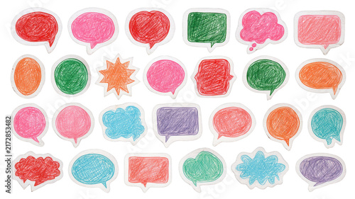 Hand drawing colorful speech bubbles collection, representing communication, message exchange, chat, conversation, idea sharing, and thinking on transparent background