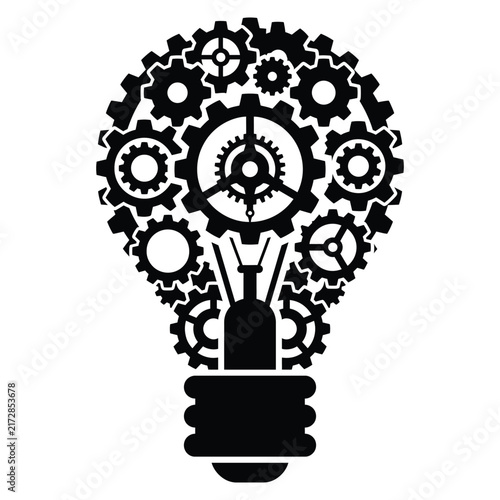 A creative black silhouette of a light bulb shape constructed from various mechanical gears and cogs on a white background.
