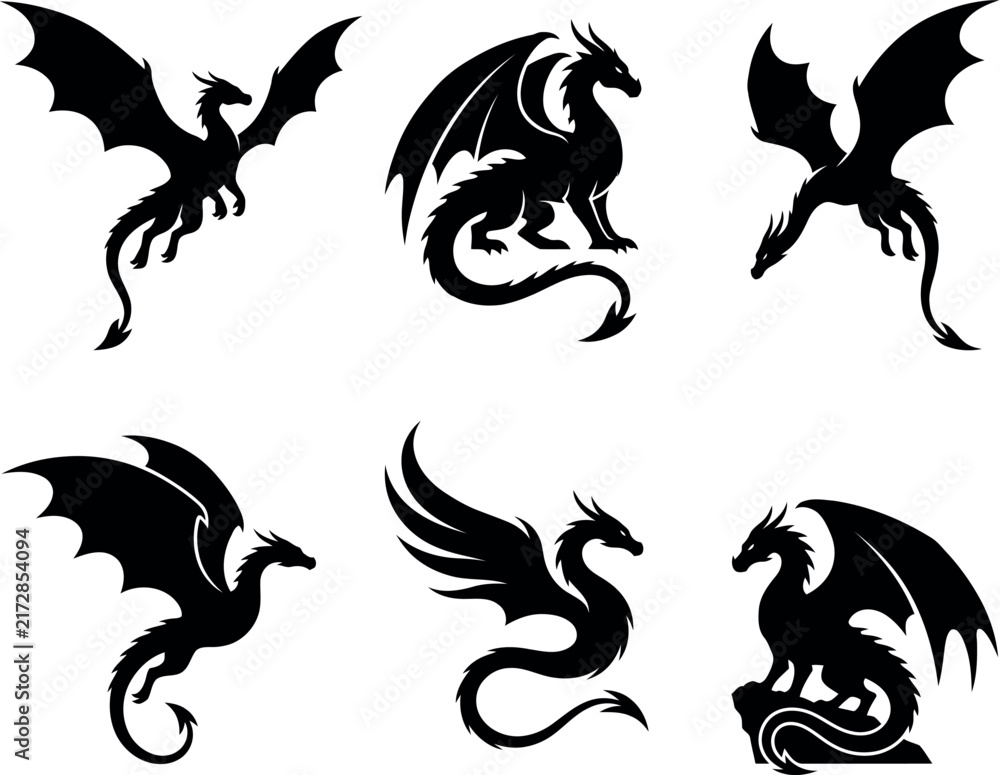 Fototapeta premium Dragon silhouettes in various poses black vector graphics on white