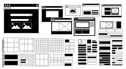 Картината върху платно Wireframe browser windows with collection wireframe windows elements application