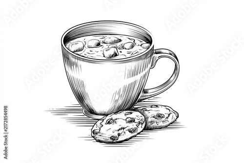 Elegant black and white minimalistic sketch of a large mug of hot chocolate with floating marshmallows and two chocolate chip cookies on the side