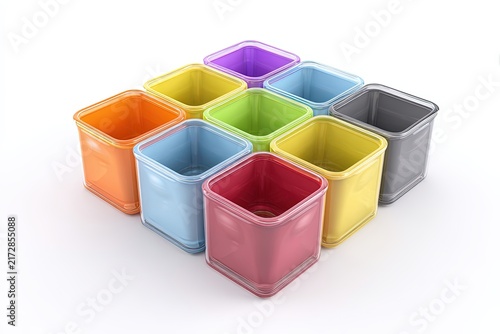 A colorful collection of square-shaped storage containers arranged neatly, showcasing vibrant hues of orange, blue, pink, yellow, green, purple, and grey, perfect for organizing various items.