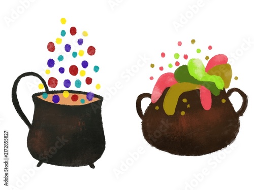 Картината върху платно Halloween cauldron with bubbling potion and overflowing brew set, whimsical magi