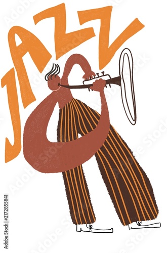 Jazz musician playing trumpet beneath bold lettering, lively performance and vintage music culture 