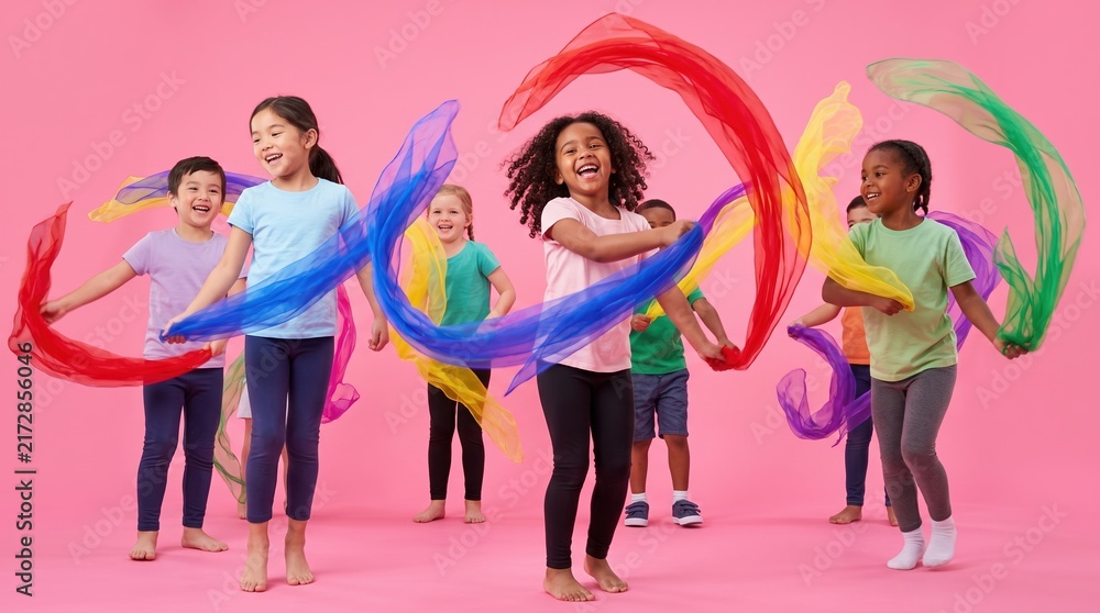 Naklejka premium Diverse Group of Children Waving Colorful Sheer Fabrics and Scarves Against a Pink Background