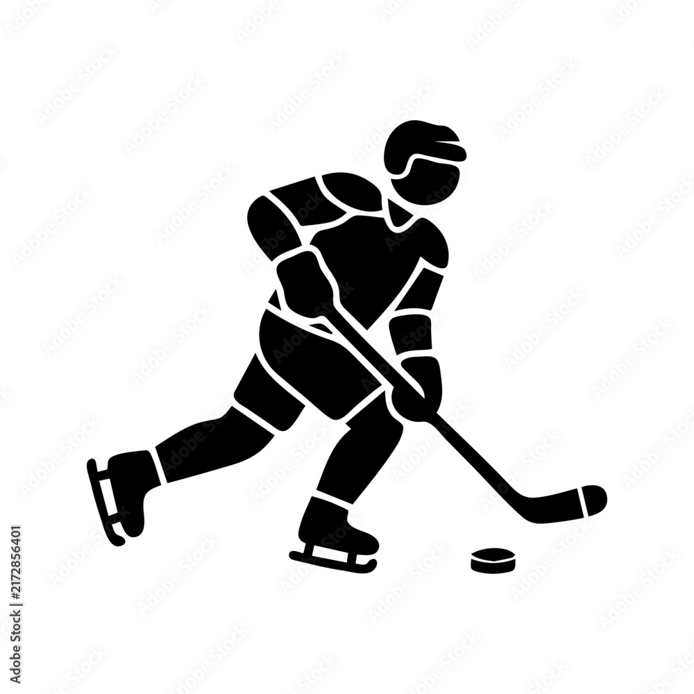 Fototapeta premium Ice Hockey Player Icon Stickman Skating with Puck Vector Silhouette 