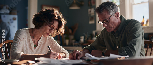 Couple writing together at wooden table in warm home interior, sharing focus and conversation while working on documents with natural window light and genuine collaboration