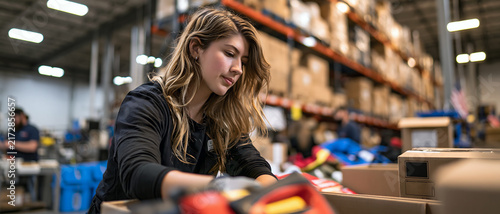 Female warehouse worker sorting packages in distribution center, focused on efficient order fulfillment and logistics operations in industrial storage facility