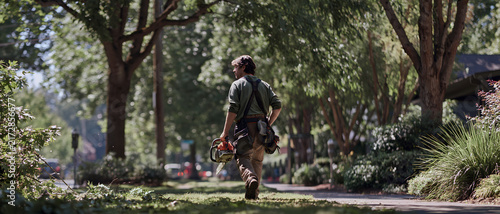 Gardener walking through leafy residential street carrying tools and wearing work clothing in warm afternoon sunlight, creating peaceful outdoor maintenance scene