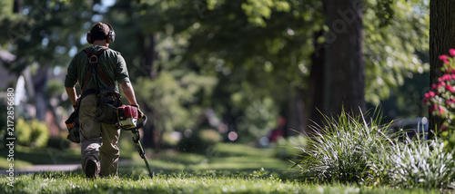 Gardener using grass trimmer in sunlit residential garden, maintaining green lawn beside ornamental grass and flowering shrub with focused outdoor work
