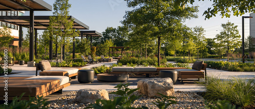 Modern pocket park with shaded seating, landscaped garden, timber deck, ornamental grass, stone boulder, and tranquil urban retreat under clear daylight
