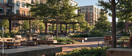 Urban pocket park with shaded seating, landscaped garden, and modern apartment building creating welcoming outdoor gathering space in warm evening light