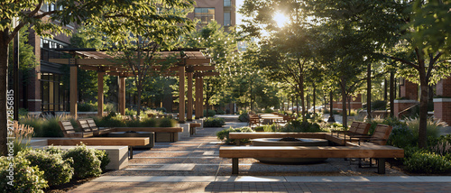 Pocket park with pergola, benches, trees, and sunlight creates peaceful urban courtyard for relaxation, walking, and outdoor gathering beside modern buildings and landscaped gardens