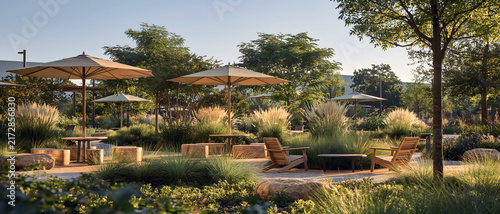 Pocket park with shade umbrella, garden seating, ornamental grass, and lush planting create peaceful urban retreat for outdoor relaxation