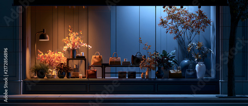 Shop window display with handbag, plant, vase, and warm evening lighting