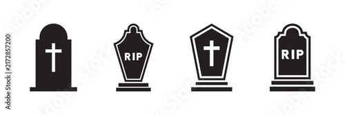 Minimalist tombstone icon set. Black cemetery headstone art for funeral services. Halloween element vector illustration on white background .